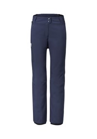 Pantalons de ski bleu marine avec taille ajustable, fermeture à deux boutons et bas renforcés. Fabriqués en matériau résistant à l'eau avec une texture lisse.