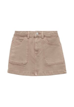 Beige Jeansrock mit hoher Taille, Knopfverschluss, zwei Vordertaschen und leicht ausgestelltem Saum. Verfügt über sichtbare Nähte und Textur.