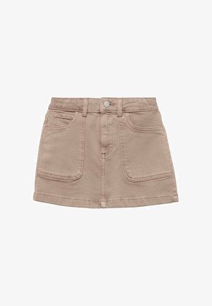 Beige denim rok met een hoge taille, knoopsluiting, twee voorzakken en een licht uitlopende zoom. Heeft zichtbare stiksels en textuur.