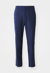 Navy blue trousers with a slim fit design, made from smooth fabric, featuring a flat front and standard waistband with belt loops.