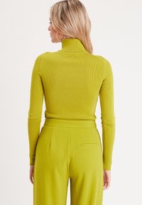 Un col roulé côtelé vert citron avec des manches longues, associé à un pantalon taille haute assorti. Présente une silhouette ajustée et une texture lisse.