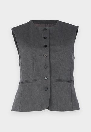 Gilet sans manches gris en tissu texturé, doté d'un col rond, de six boutons noirs et de deux poches avant avec des détails en piping.