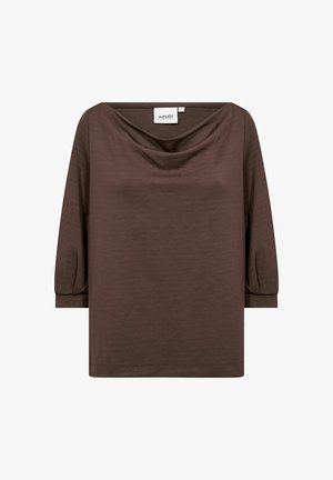 Ruskea pitkähihaisen paita veneaukolla ja väljäväljä istuvuus, jossa Wasabi Concept -merkintä, valkoisella taustalla esillä.
