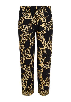 Broek met elastische taille, beige achtergrond en zwart silhouetpatroon van vogels en bloemen, cropped lengte.