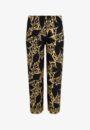 Broek met elastische taille, beige achtergrond en zwart silhouetpatroon van vogels en bloemen, cropped lengte.