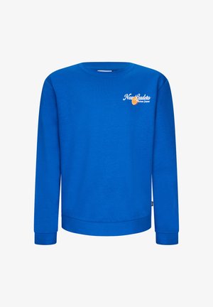 Niebieska bluza z okrągłym dekoltem, długimi rękawami oraz białym napisem "New Leaders Retour Jeans" i pomarańczową grafiką na piersi.