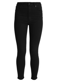 Jeans skinny negros de cintura alta en denim con una textura suave, que presentan dos bolsillos delanteros y un cierre de botón.
