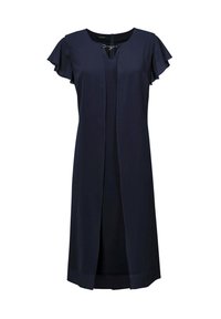Marineblaues Kleid aus leichtem Stoff, mit kurzen, flatternden Ärmeln, einer Frontöffnung und einem schlichten Kettenakzent am Ausschnitt.