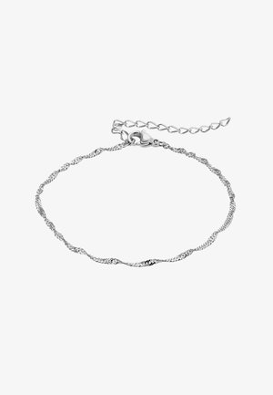 Bracciale in argento a catena attorcigliata con chiusura a moschettone e lunghezza regolabile. Presenta una superficie liscia e lucida con link delicati.