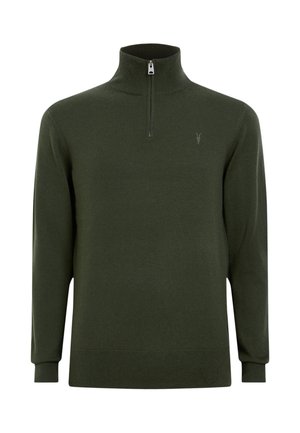 Grøn zip-up trøje med høj krave, lavet af strikket stof. Har lange ærmer og et lille, diskret logo på brystet.