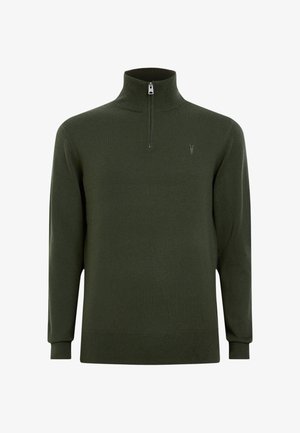 Zielony sweter z zamkiem błyskawicznym i wysokim kołnierzem, wykonany z dzianiny. Posiada długie rękawy i małe, subtelne logo na piersi.