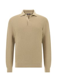 Beige stickad tröja med ett texturerat mönster, tre-knapps placket och ribbade muddar och fåll. Har en klassisk polo kragsdesign.