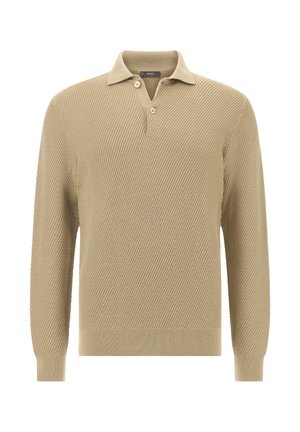 Beżowy sweter dzianinowy z teksturowanym wzorem, z listwą na trzy guziki oraz ściągaczami przy mankietach i dolnej części. Posiada klasyczny kołnierzyk polo.