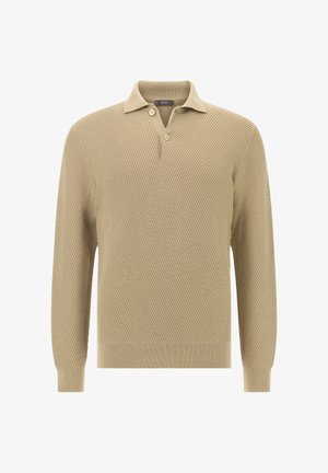 Beige pletený pulovr s texturovaným vzorem, tříknoflíkovou légou a žebrovanými manžetami a lemem. Obsahuje klasický design polo límce.