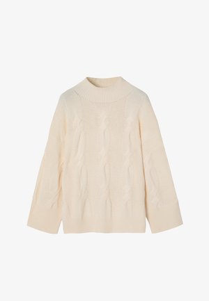 Krem pulover z navojem in visokim ovratnikom, ohlapnimi rokavi in rebrastimi manšetami. Teksturna vzorčasta struktura z izmeničnimi pletenimi motivi.