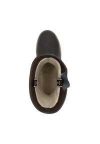 Bruine enkelboot met een zachte, crèmekleurige voering, rond neusstel en een blauwe accent op de hak. Voorzien van een stevige zool.