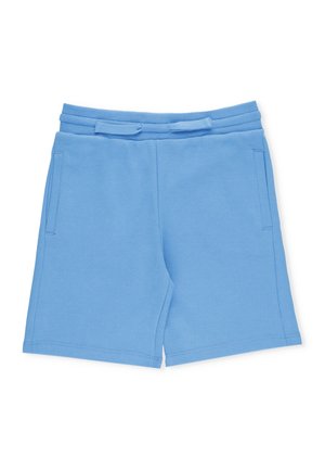 Pantaloni corti in cotone azzurro chiaro con vita elastica, due tasche laterali e un orlo dritto e pulito. Texture morbida e design casual.