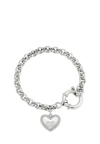 Pulsera de cadena de plata con un charm en forma de corazón que lleva el texto "JOOP!" rodeado de un borde decorativo de pequeños rhinestones.