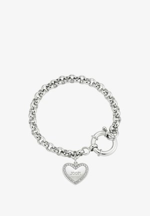 Bracciale in argento con un ciondolo a forma di cuore con la scritta "JOOP!" circondato da un bordo decorativo di piccole strass.