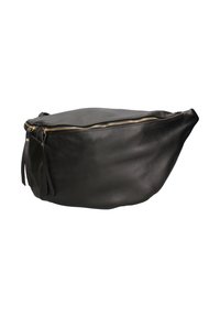 Borsa a spalla in pelle nera con una superficie texturizzata, zip dorata e dettagli con frange, caratterizzata da una forma arrotondata e un design spazioso.