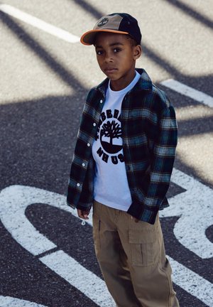 Chemise à carreaux verts sur un t-shirt blanc avec un graphique d'arbre noir, associée à un pantalon cargo beige et une casquette noir et marron.
