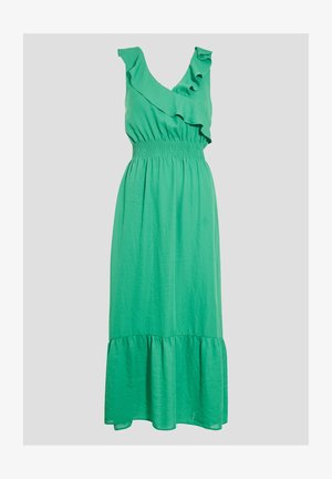Robe maxi verte avec un décolleté en V froncé, une taille smockée et un ourlet à volants. Tissu lisse avec une silhouette fluide.