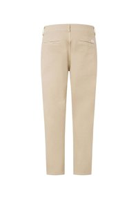 Pantaloni beige con una vestibilità a gamba dritta. Presentano una vita, due tasche posteriori e un'etichetta logo discreta sul retro. Realizzati in tessuto morbido.