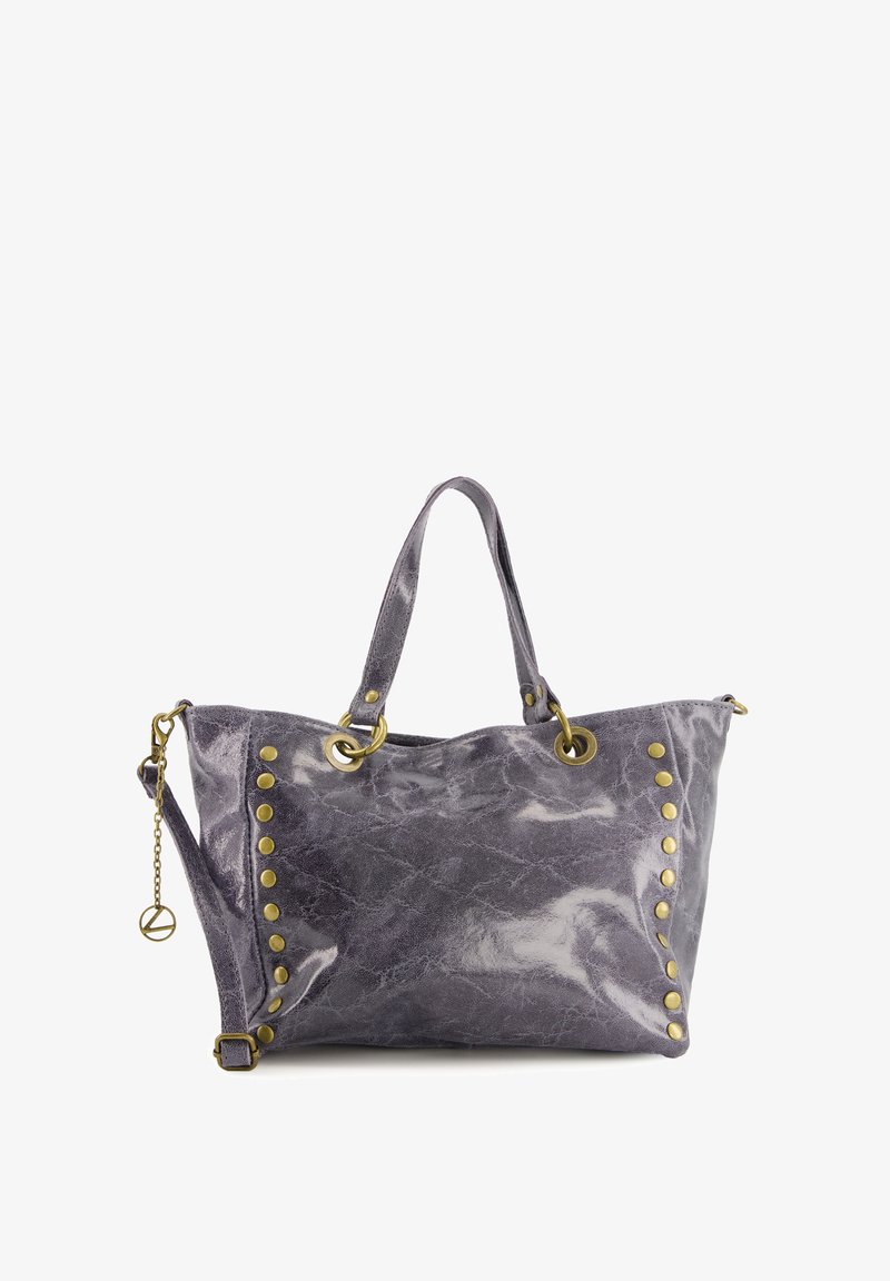Gray faux leather tote bag with a glossy finish, decorative gold hardware, and circular studs along the side. Dual carrying straps included.