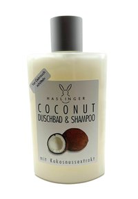 Clear plastic bottle with a white body and dark gray cap. Label features coconut imagery and text "HASLINGER COCONUT DUSCHBAD & SHAMPOO."