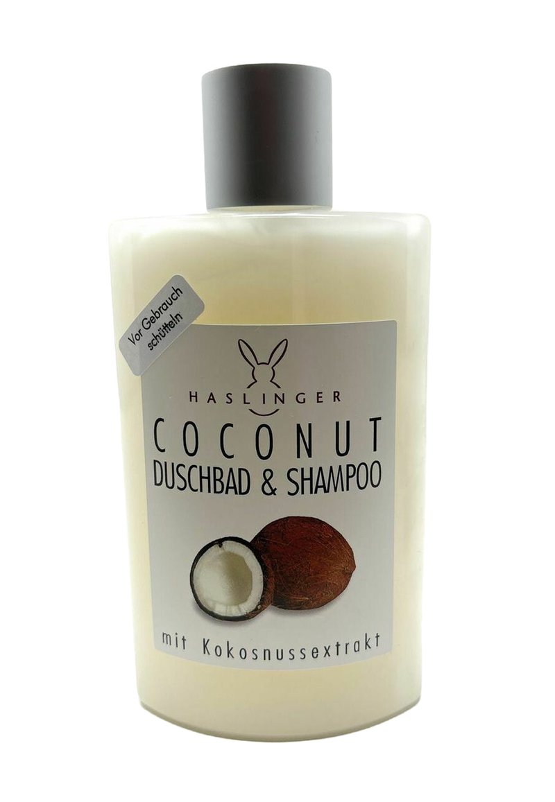 Clear plastic bottle with a white body and dark gray cap. Label features coconut imagery and text "HASLINGER COCONUT DUSCHBAD & SHAMPOO."