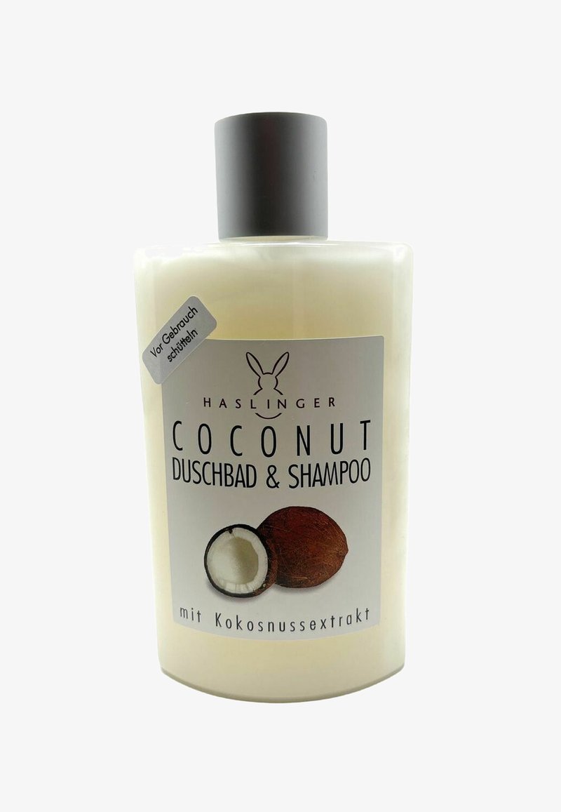 Clear plastic bottle with a white body and dark gray cap. Label features coconut imagery and text "HASLINGER COCONUT DUSCHBAD & SHAMPOO."