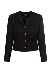 Blazer nero con texture, design aderente, maniche lunghe e cinque bottoni decorativi. Presenta due tasche frontali e un colletto a piping.