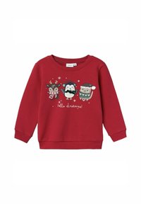 Felpa rossa con animali dei cartoni animati: un cervo, un pinguino e un gatto, con accessori invernali e il testo "ciao natale!" sotto.