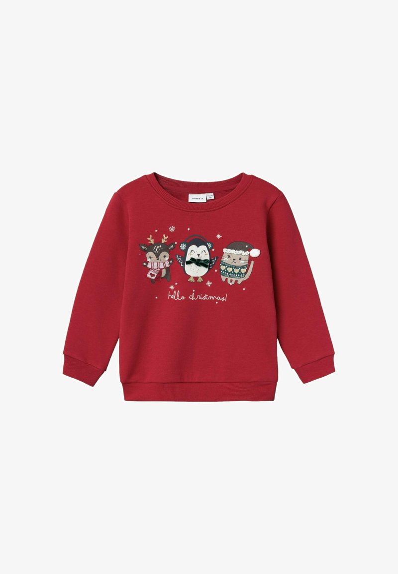 Felpa rossa con animali dei cartoni animati: un cervo, un pinguino e un gatto, con accessori invernali e il testo "ciao natale!" sotto.