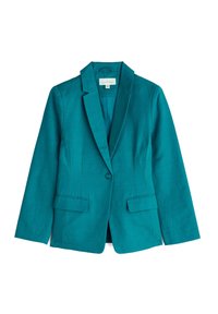 Blezer w kolorze morskim, wykonany z lnu, z pojedynczym zapięciem na guzik, klapami z wycięciem i dwoma przednimi kieszeniami, o dopasowanym kroju.