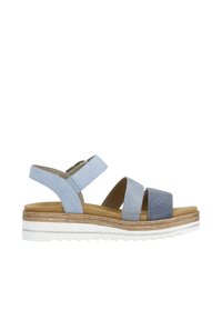 Light blue sandals with two adjustable straps, featuring a textured blue fabric band. Cushioned insole and a braided jute detail on the sole.