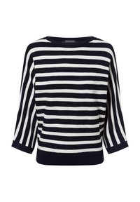 Gestreifter Pullover in Marineblau und Weiß mit einem Bootsausschnitt, lockerer Passform und 3/4-Ärmeln. Hergestellt aus weichem Material mit gerippten Bündchen und Saum.