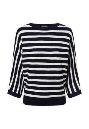Gestreifter Pullover in Marineblau und Weiß mit einem Bootsausschnitt, lockerer Passform und 3/4-Ärmeln. Hergestellt aus weichem Material mit gerippten Bündchen und Saum.