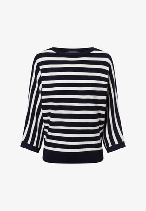 Gestreifter Pullover in Marineblau und Weiß mit einem Bootsausschnitt, lockerer Passform und 3/4-Ärmeln. Hergestellt aus weichem Material mit gerippten Bündchen und Saum.