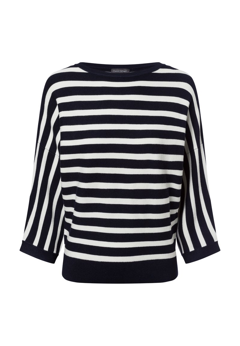 Gestreifter Pullover in Marineblau und Weiß mit einem Bootsausschnitt, lockerer Passform und 3/4-Ärmeln. Hergestellt aus weichem Material mit gerippten Bündchen und Saum.