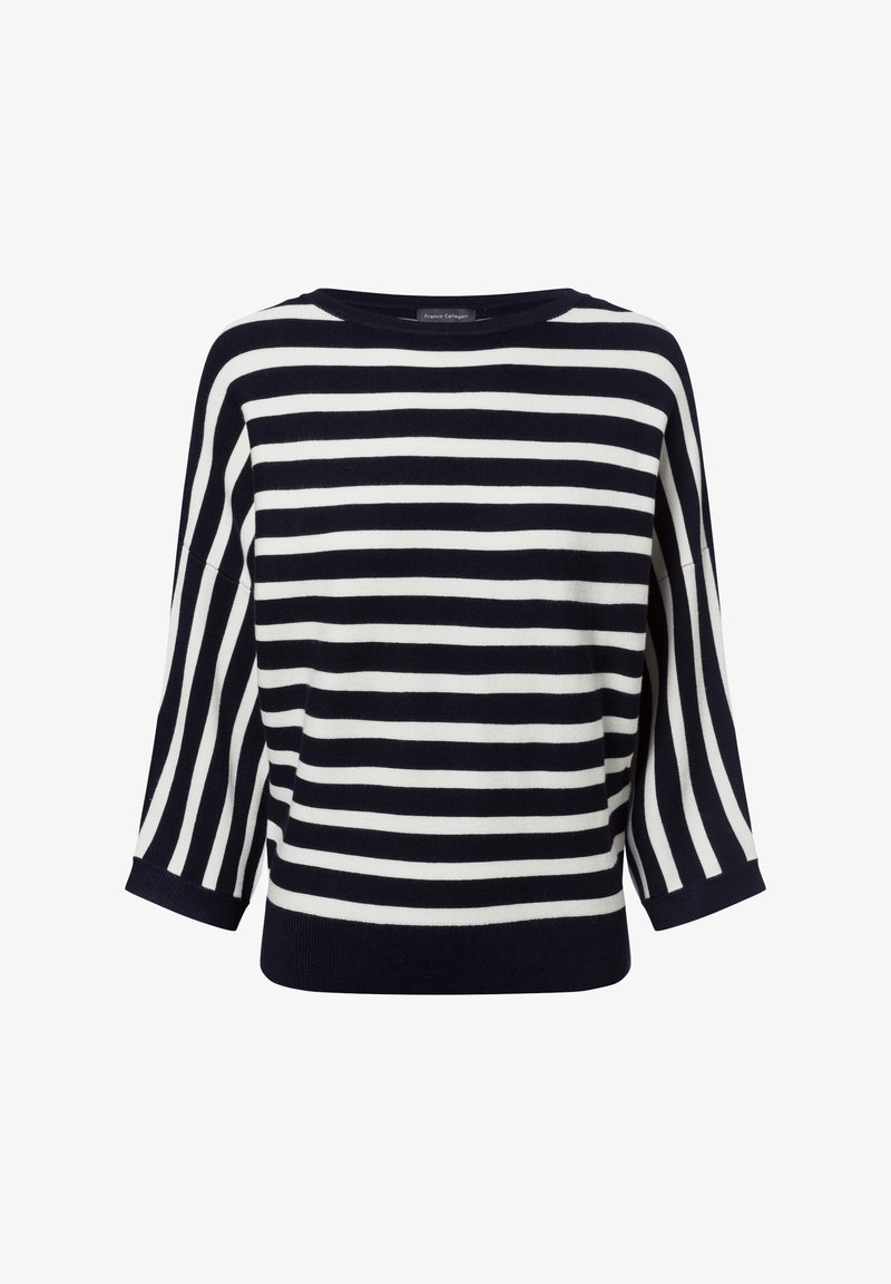 Navy en witte gestreepte trui met een bootnek, losse pasvorm en 3/4-lange mouwen. Gemaakt van zachte stof met geribbelde boorden en onderrand.