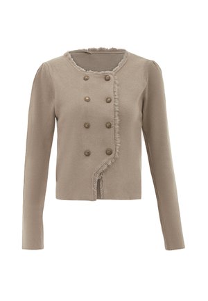 Beige cropped cardigan with long sleeves, round neckline, and a frayed edge. Features six decorative gold-tone buttons along the front.