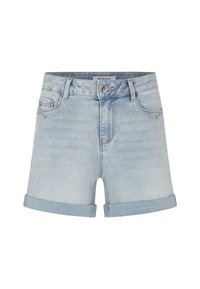 Shorts en denim bleu clair avec un ourlet roulé, poches avant, fermeture zippée et un bouton argenté. Étiquette visible au niveau de la ceinture.