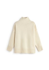 Cremfarbener Rollkragenpullover mit geripptem Kragen und Bündchen, weicher Textur und lockerer Passform. Schlichtes Design ohne sichtbare Muster oder Akzente.