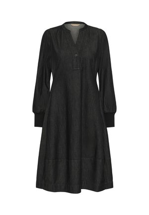 Abito di denim nero con maniche a sbuffo lunghe, scollatura con bottoni e forma A svasata. Presenta polsini elasticizzati e lunghezza fino a metà polpaccio.