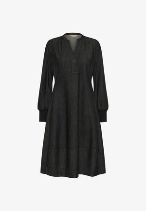 Czarna sukienka dżinsowa z długimi bufkowymi rękawami, z dekoltem w szereg guzików oraz luźnym krojem w kształcie litery A. Posiada elastyczne mankiety i długość do połowy łydki.