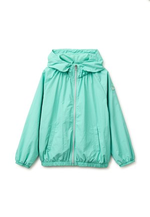 Jasnoturkusowa, kapturowa kurtka przeciwwiatrowa z przednim zamkiem błyskawicznym, elastycznymi mankietami i ściągaczami u dołu, dwoma przednimi kieszeniami oraz logo na lewym rękawie.