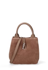 Borsa a tracolla in suede marrone con una forma strutturata, dettagli in pelle, manici corti e una tracolla regolabile attaccata. Chiusura con zip.