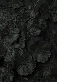 Zwarte bloemrijke borduurwerk op een doorschijnende stof, met verschillende bloemvormen en texturen, met gedetailleerd vakmanschap en donkere toonvariatie.
