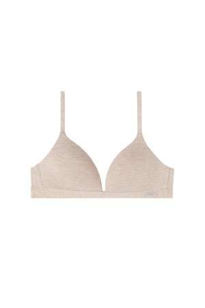 Beige, zachte stoffen bralette met een driehoekige vorm, dunne banden en een naadloos ontwerp. Heeft een label aan de zijkant.